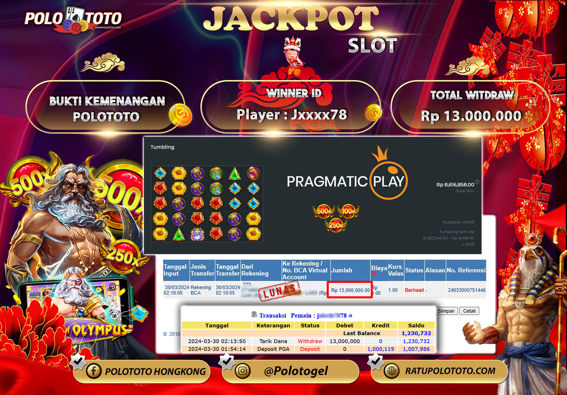 POLOTOTO BUKTI JACKPOT SLOT GATES OF OLYMPUS Rp 13.000.000,- LUNAS