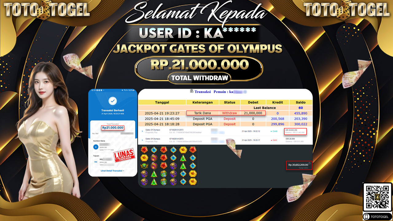 Bukti Pembayaran Jackpot  Permainan Slot Gates Of OLympus ID:KA***** LUNAS
