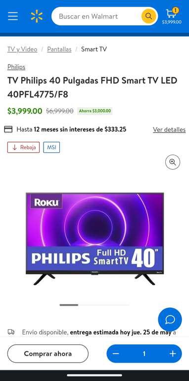 Walmart: TV Philips 40 Pulgadas FHD Smart TV LED 40PFL4775/F8 
