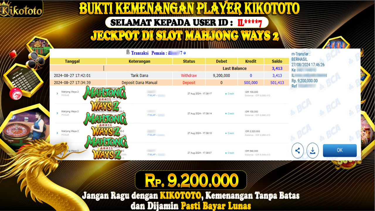 MENANG BESAR DI SLOT ONLINE MAHJONG WAYS 2 SEBESAR Rp 9,200,000 LANGSUNG DAN TANPA BASA BASI DI BAYAR KIKOTOTO !!!