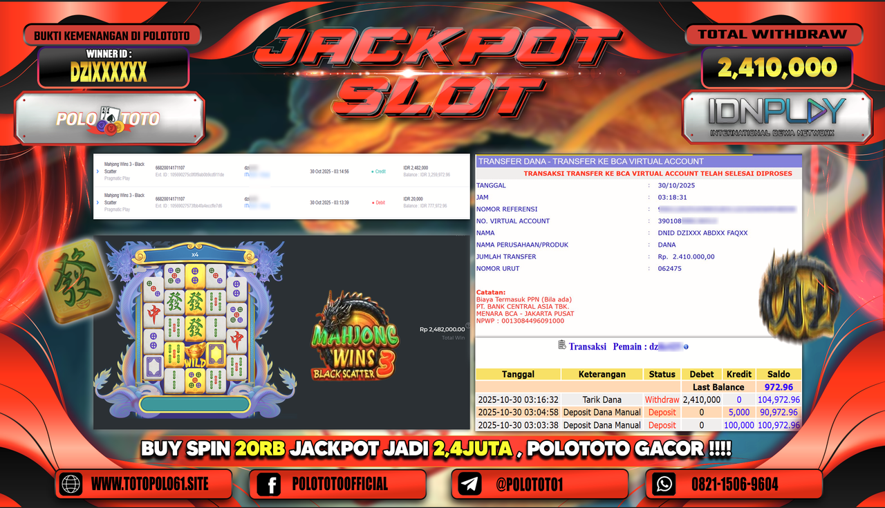 POLOTOTO JACKPOT SLOT MAHJONG WINS 3 - BLACK SCATTER Rp.2.410.000,- LUNAS
