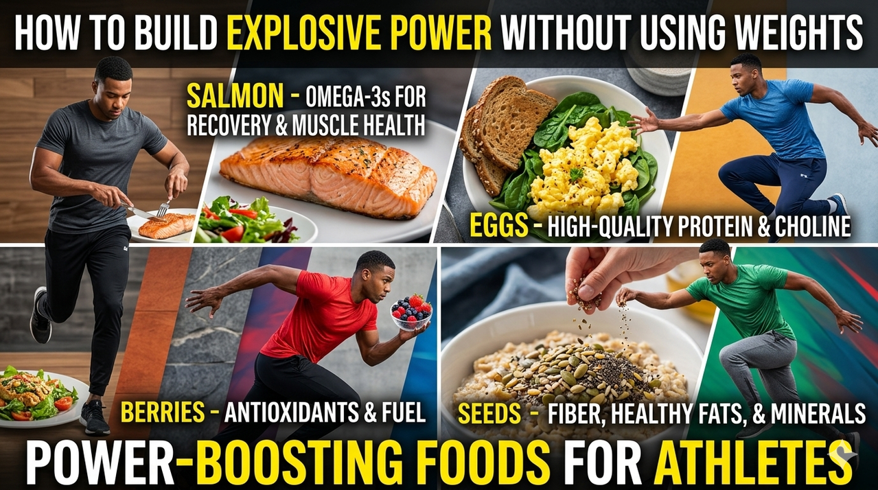 Collage of power-boosting foods including salmon, eggs, berries, and seeds for how to build explosive power without using weights
