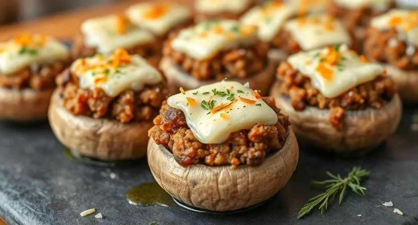 Запеченные шампиньоны с фаршем и сыром