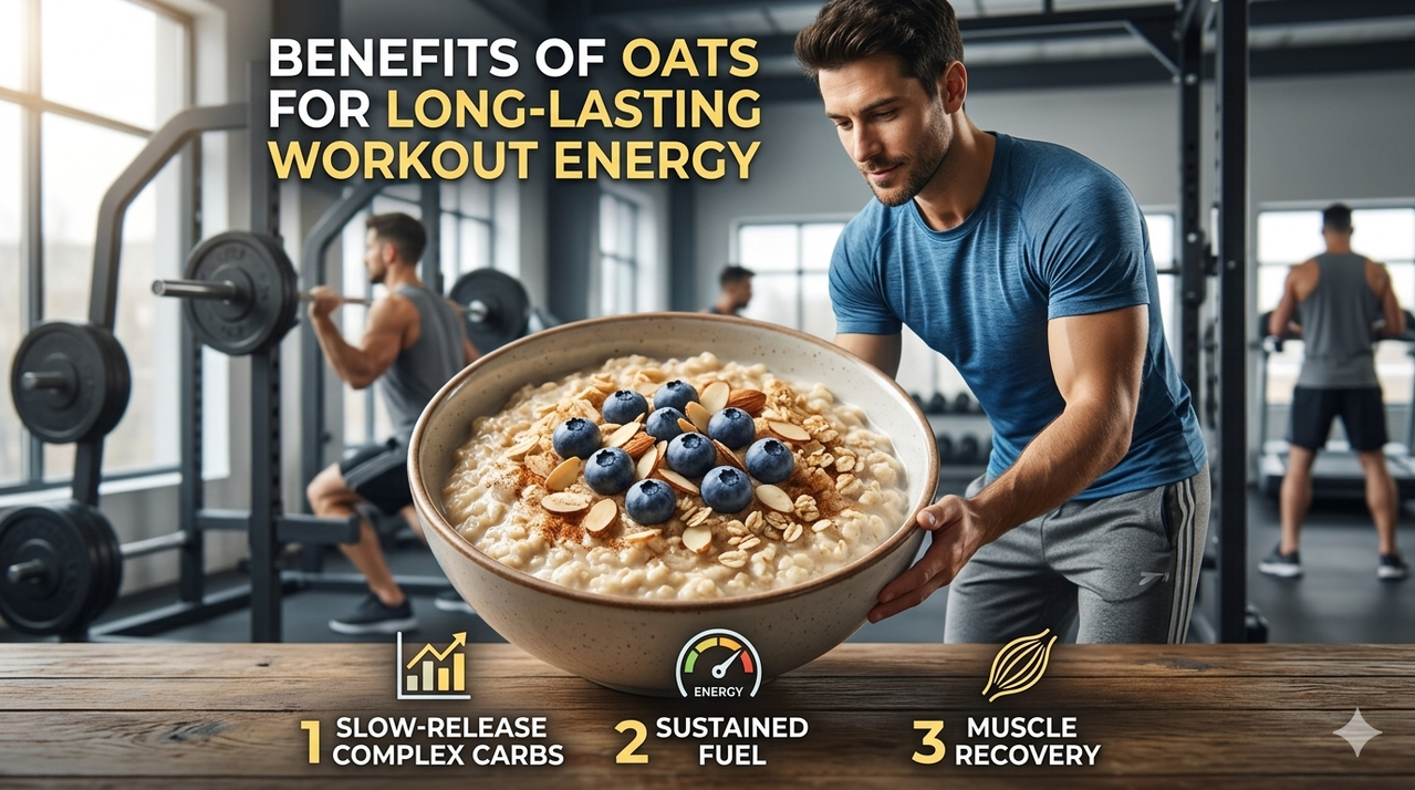 Close-up of creamy oatmeal with blueberries and sliced almonds for the benefits of oats for long-lasting workout energy