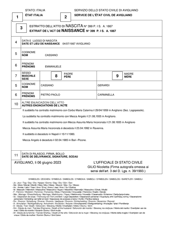 Plurilingüe Nacimiento Cassano Emmanuele -