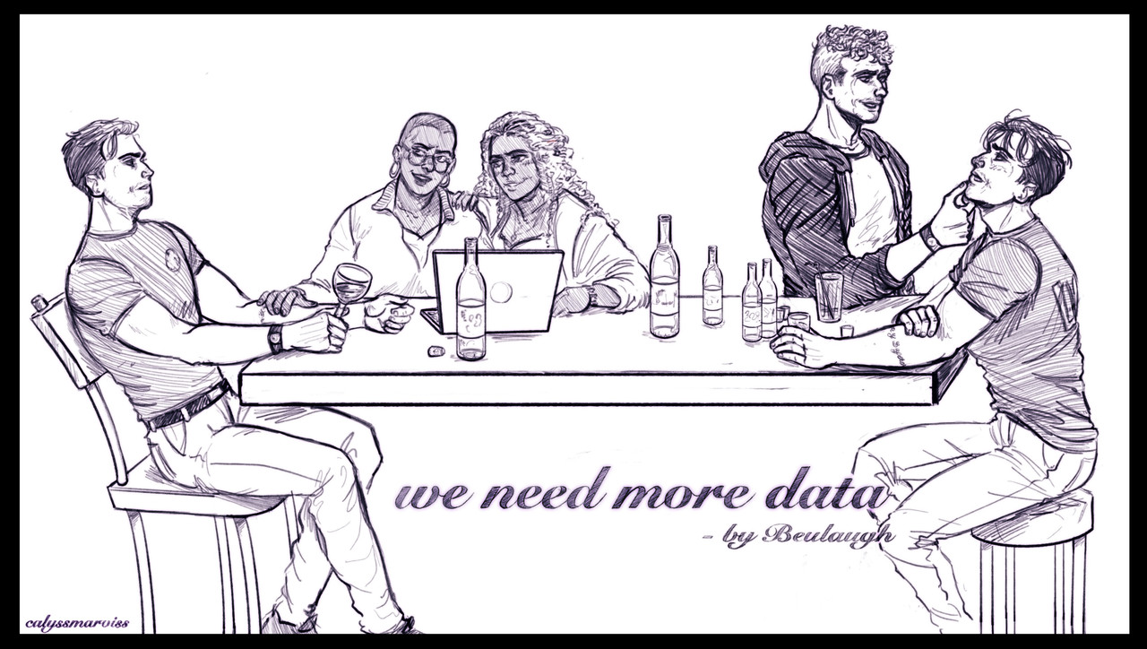 Hen, Karen, and Eddie drink wine together at a table. On the other side of the table is a different scene where Buck holds Eddie's chin at a club.