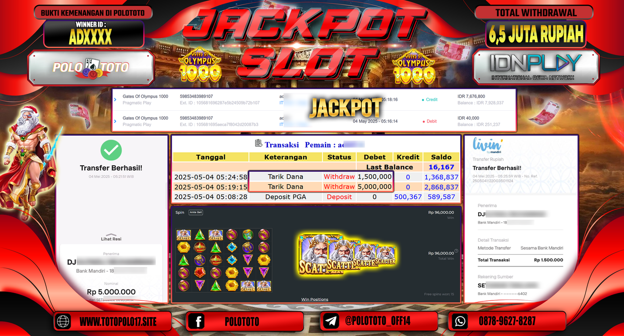 POLOTOTO JACKPOT SLOT GATES OF OLYMPUS 1000 Rp.6.500.000,-