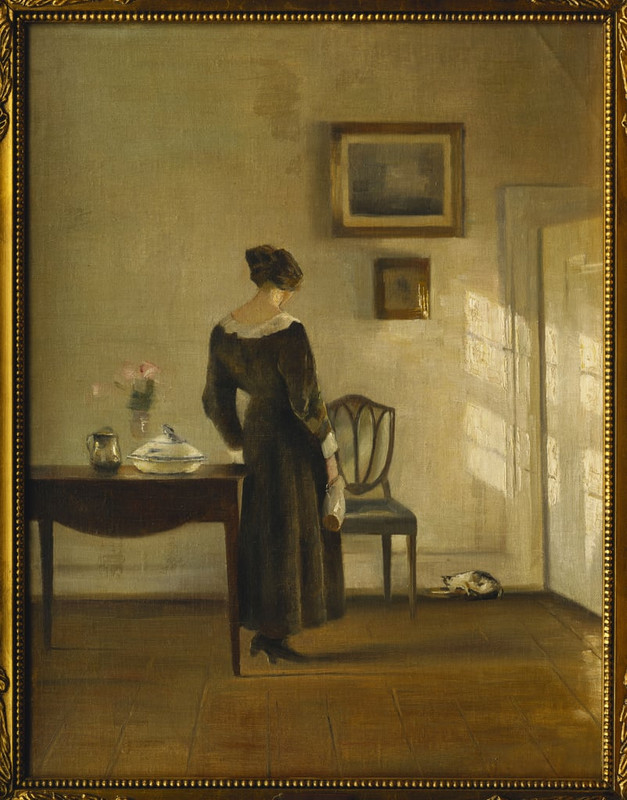 Carl-Holsoe-An-Interior-with-a-Woman-feeding-a-Cat-oil-on-canvas-Meister-Drucke-892436