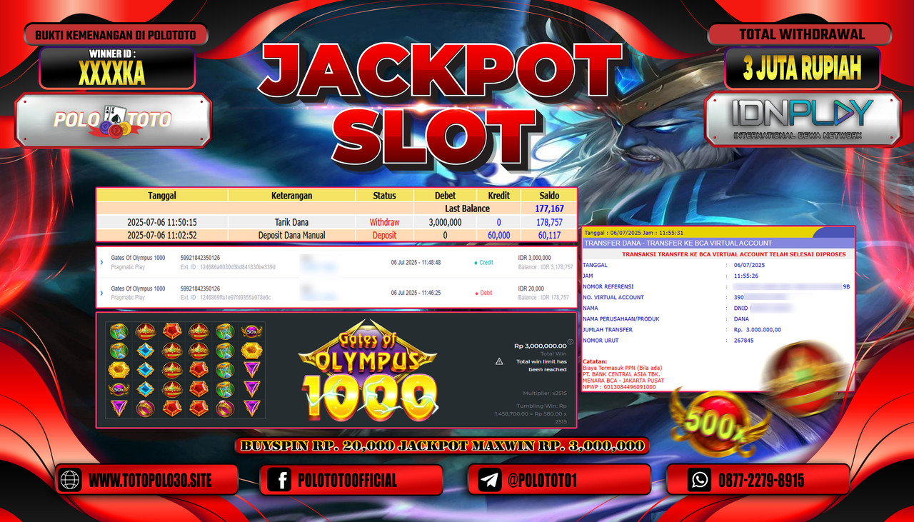 POLOTOTO JACKPOT SLOT GATES OF OLYMPUS 1000 Rp.3.000.000,- LUNAS