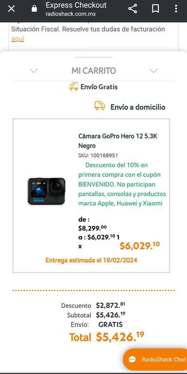 RadioShack: Gopro HERO 12 más cupón y pagando con BBVA
