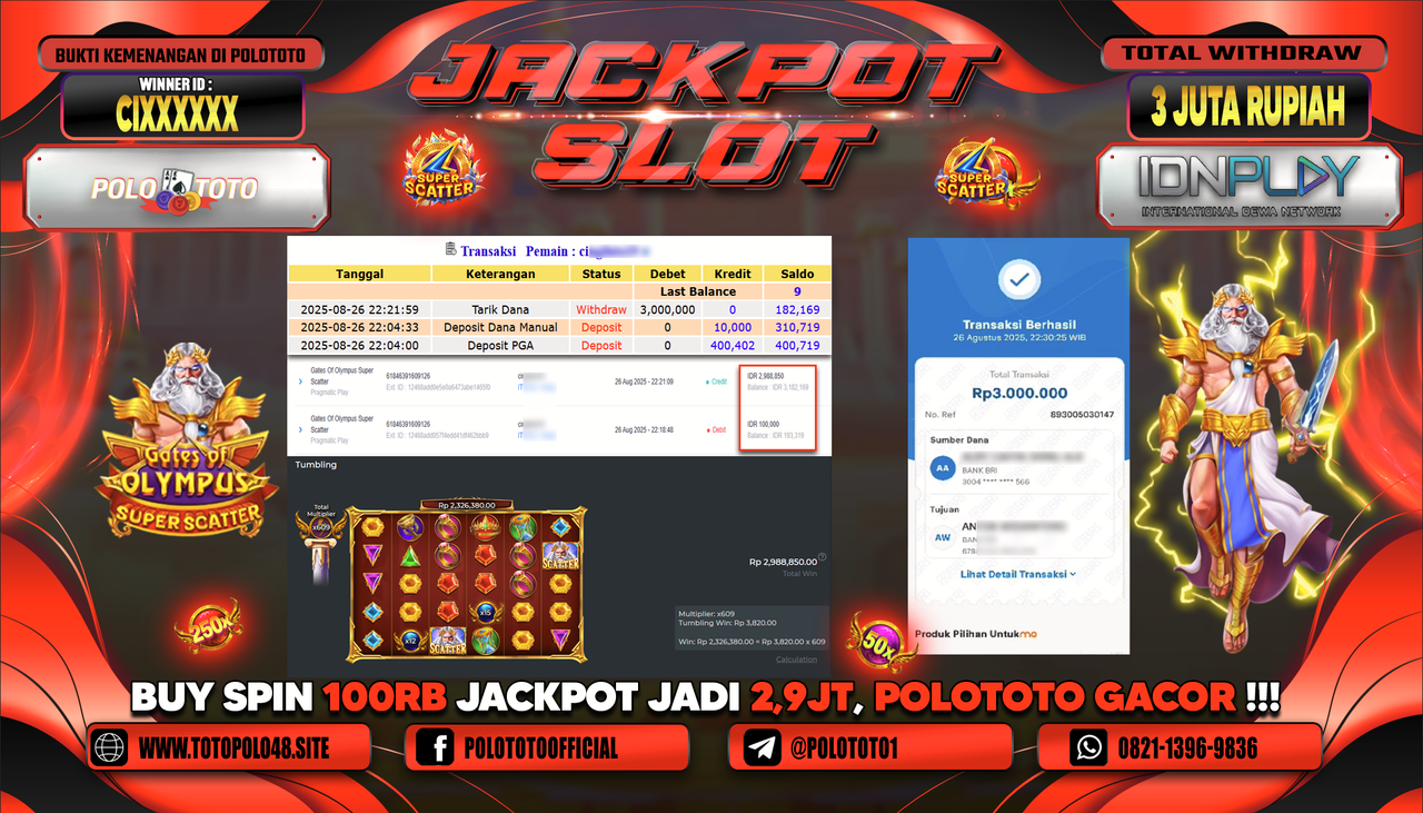 POLOTOTO JACKPOT SLOT GATES OF OLYMPUS SUPER SCATTER Rp.3.000.000,-