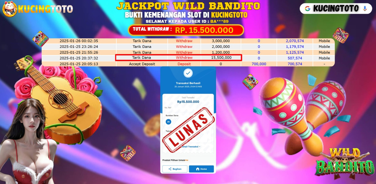 KUCINGTOTO JACKPOT SLOT WILD BANDITO RP.15.500.000.,- LUNAS