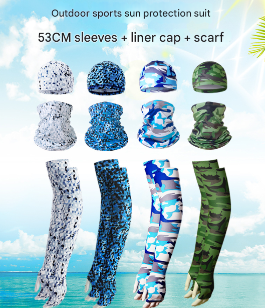2 Sets Grey Camouflage Cooling UV Protection Set - 2 Skull Cap, 2 Neck Gaiter & 4 Arm Sleeves for Outdoor Sports