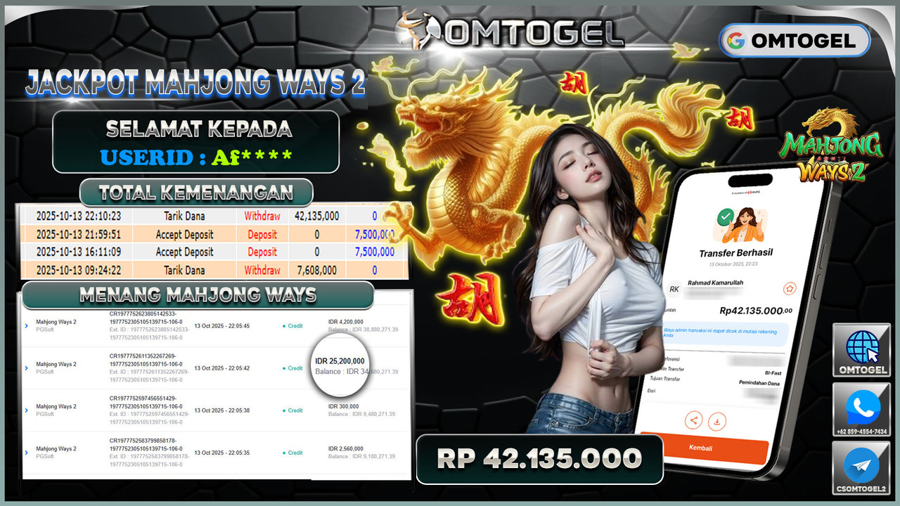 OMTOGEL JACKPOT PGSOFT MAHJONG WAYS 2 42 JUTA DI BAYAR LUNAS ,-