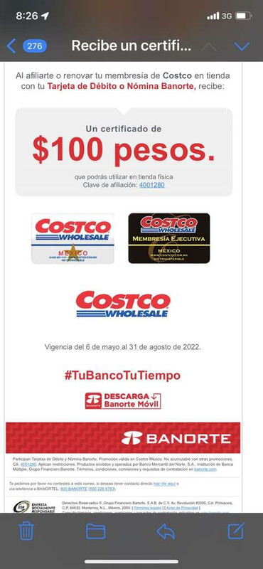 Certificado de 100 pesos en costco con Banorte. Leer descripción 