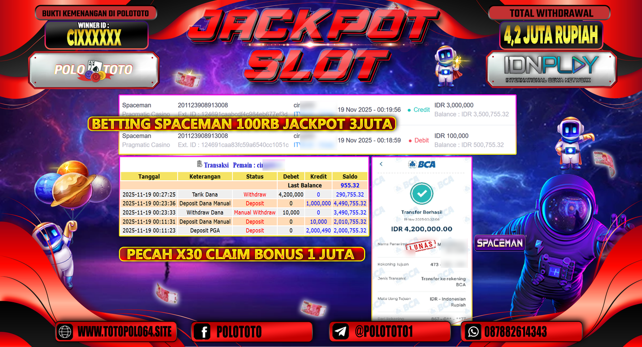 POLOTOTO JACKPOT SLOT SPACEMAN Rp.4.200.000,- LUNAS