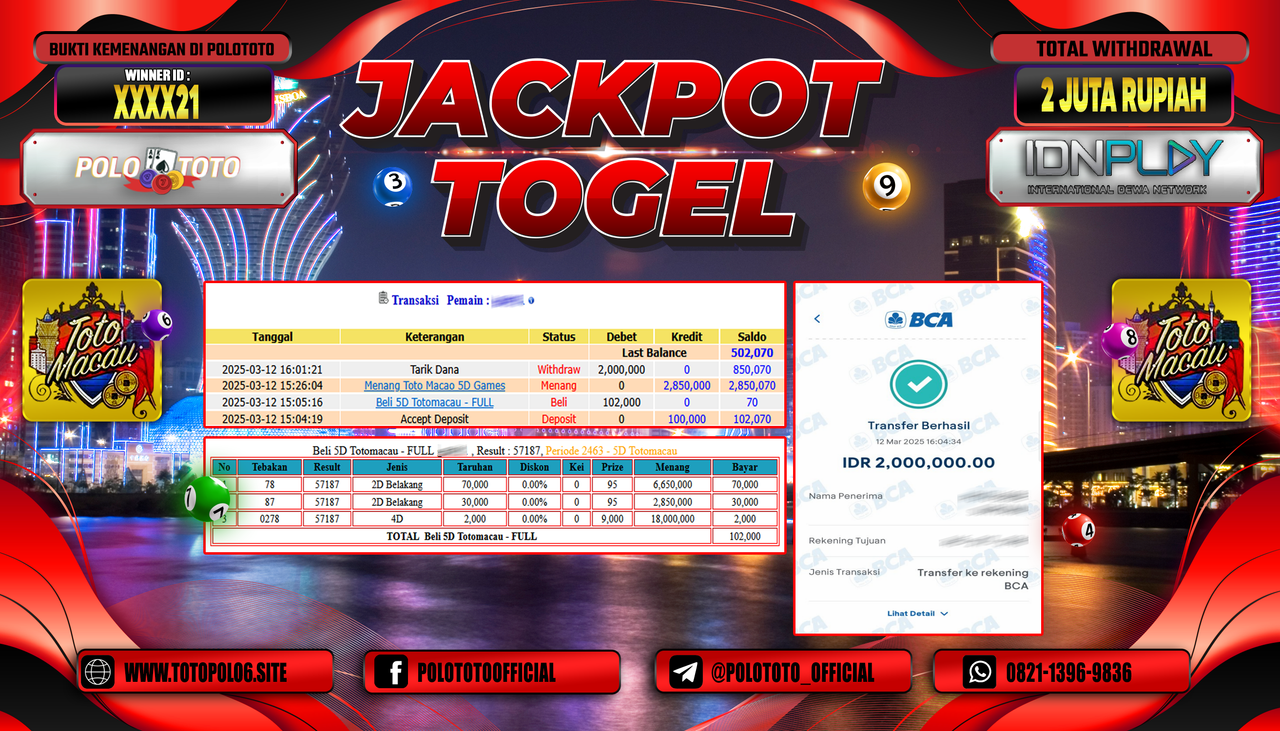 POLOTOTO JACKPOT TOGEL TOTO MACAU 5D Rp.2.000.000,-