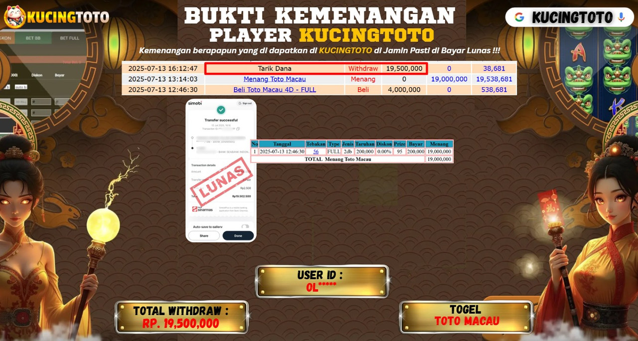 KUCINGTOTO JACKPOT TOGEL TOTO MACAU RP.19.500.000.,- LUNAS