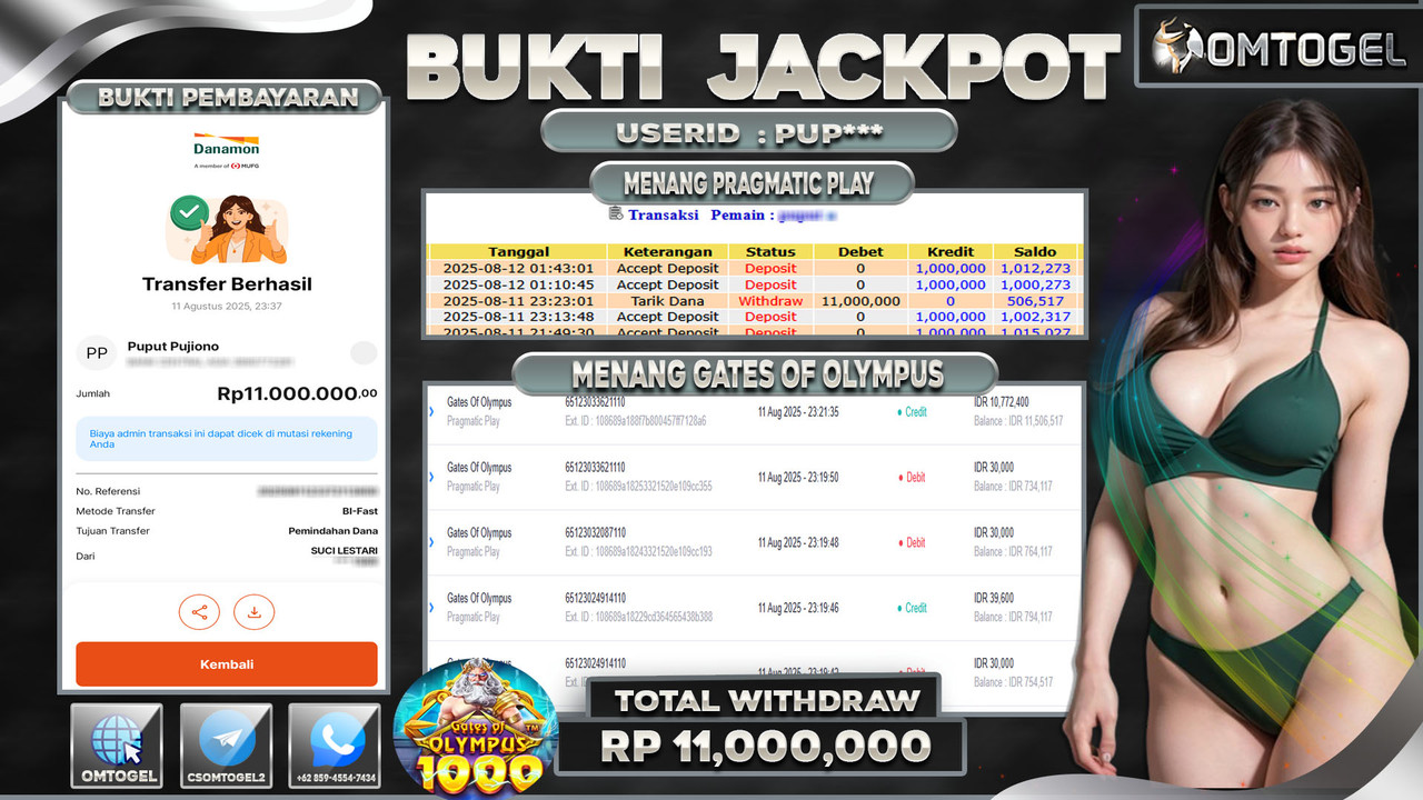 OMTOGEL JACKPOT PRAGMATIC PLAY GATES OF OLYMPUS 11 JUTA DI BAYAR LUNAS ,-