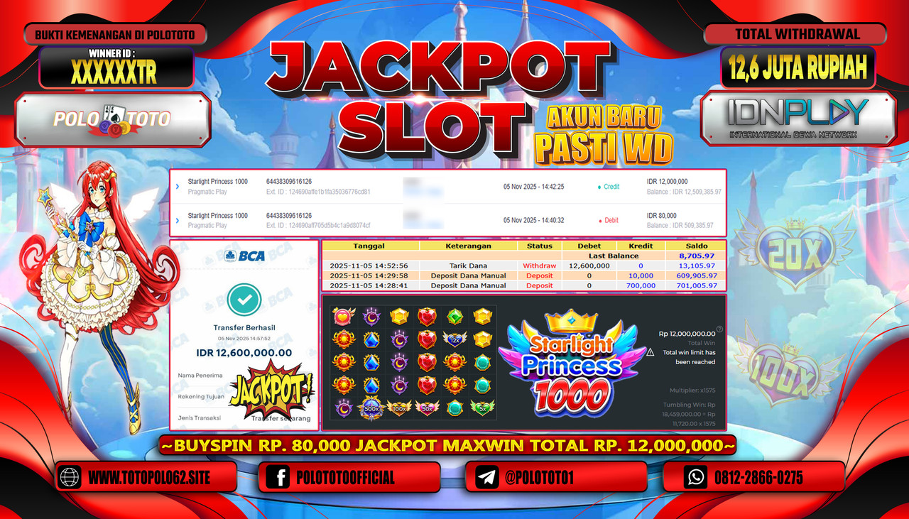 POLOTOTO JACKPOT SLOT STARLIGHT PRINCESS 1000 Rp.12.600.000,- LUNAS