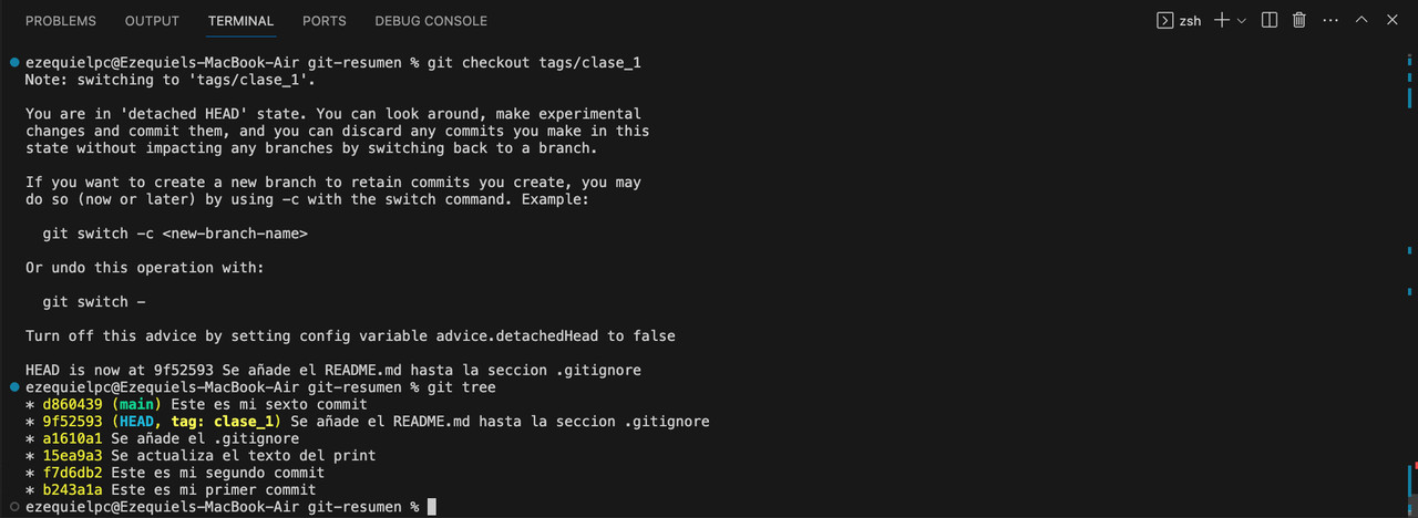 Ejecucion git tree luego de realizar el sexto commit Git tag