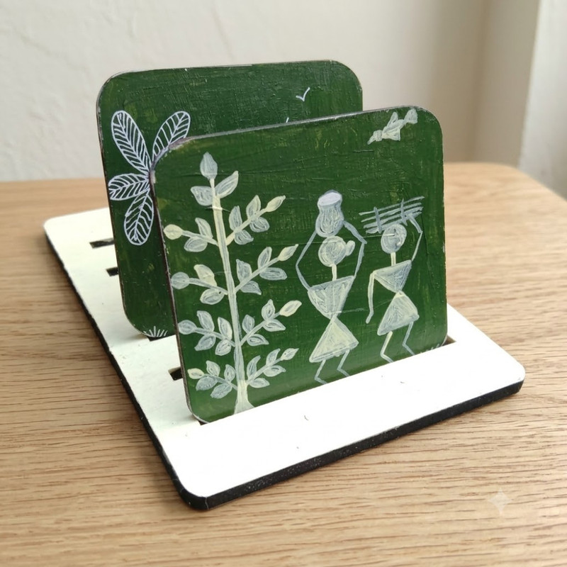 Warli Painting on Square Tea Coasters with Stand DIY kit