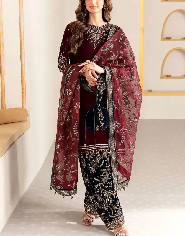 Trendy Embroidered Velvet Suit (9000 Micro) | Organza Dupatta & Silk Trouser