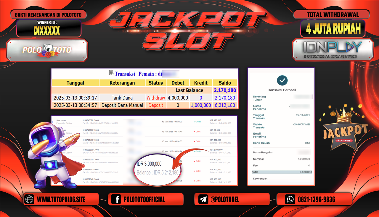 POLOTOTO JACKPOT SLOT SPACEMAN Rp.4.000.000,-