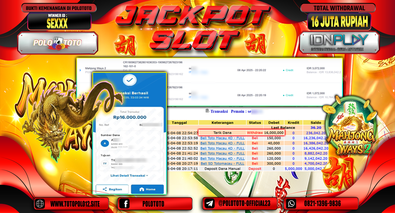 POLOTOTO JACKPOT SLOT MAHJONG WINS 2 Rp.16.000.000,- LUNAS