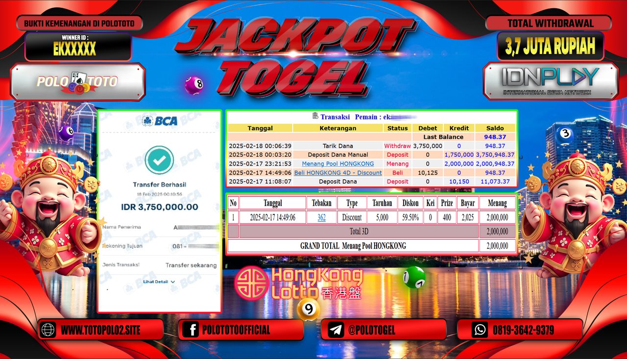 POLOTOTO JACKPOT TOGEL PASARAN HONGKONG Rp.3.750.000,-