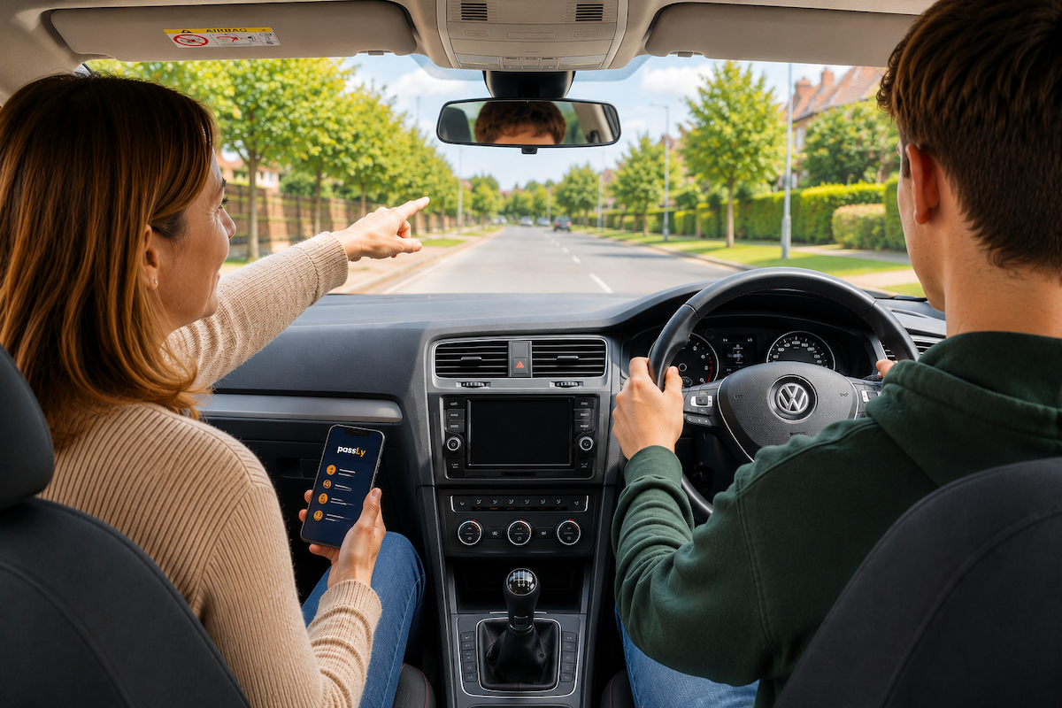Parent in passenger seat, teenager driving, viewed from back seat