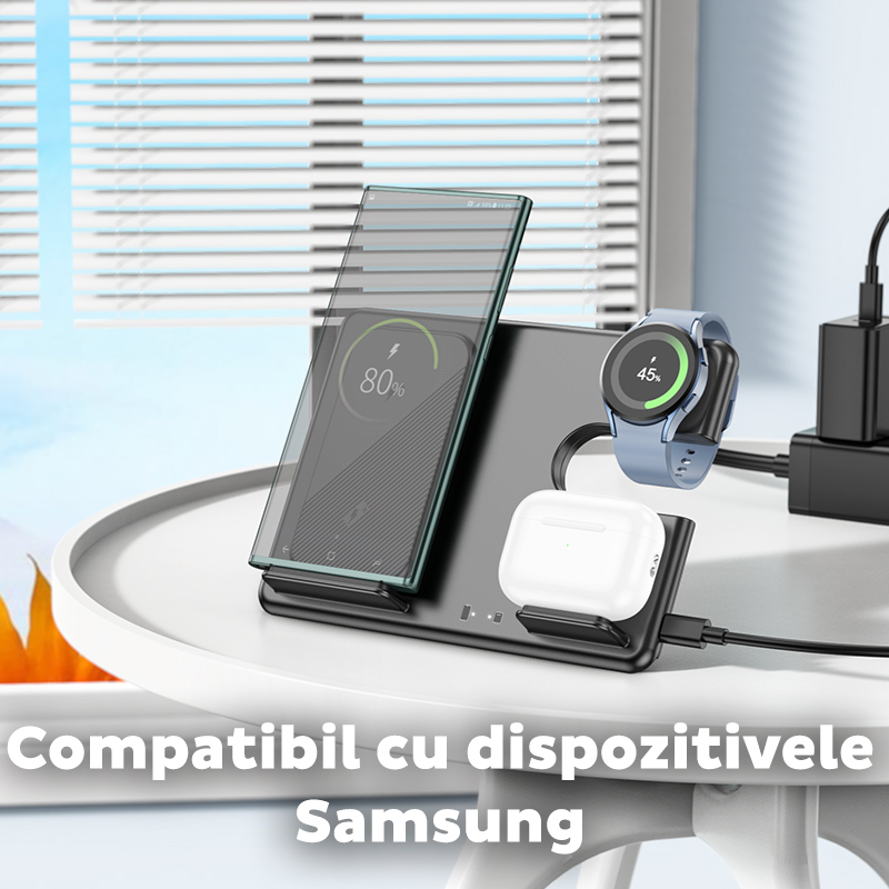 Statie de incarcare wireless 3 in 1 Hoco CQ2 pentru dispozitivele Samsung, 5V, 3A, Stativ incorporat, Negru 6 1