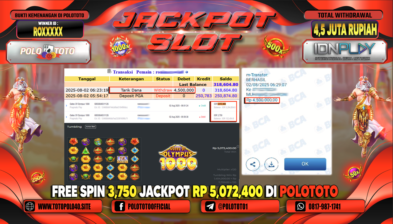 POLOTOTO JACKPOT SLOT GATES OF OLYMPUS 1000 Rp.4.500.000,-LUNAS