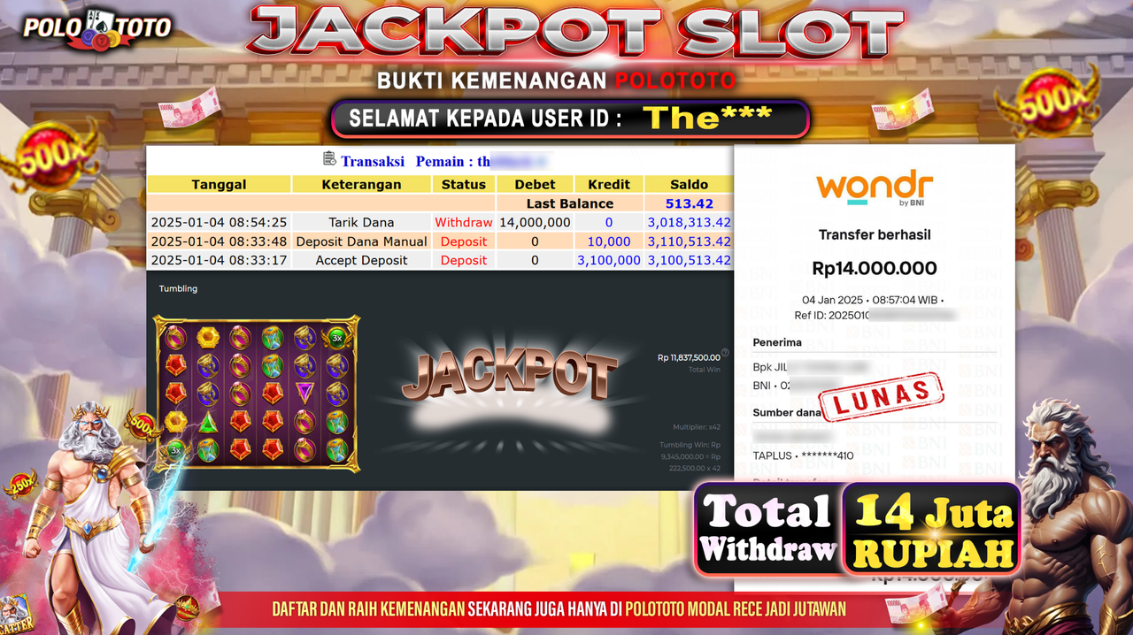 POLOTOTO JACKPOT SLOT GATES OF OLYMPUS Rp.14,000.000,-
