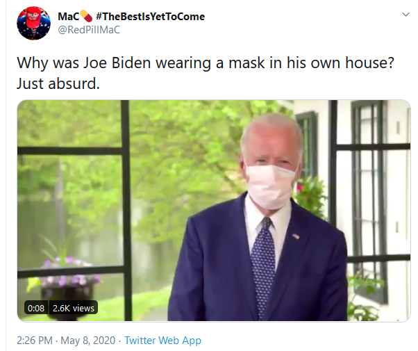 Why was Joe Biden wearing a mask in his own house?  Just absurd.