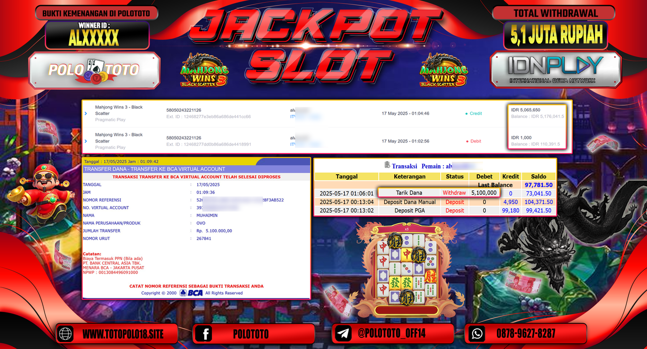POLOTOTO JACKPOT SLOT MAHJONG WINS 3 BLACK SCATTER Rp.5.100.000,-