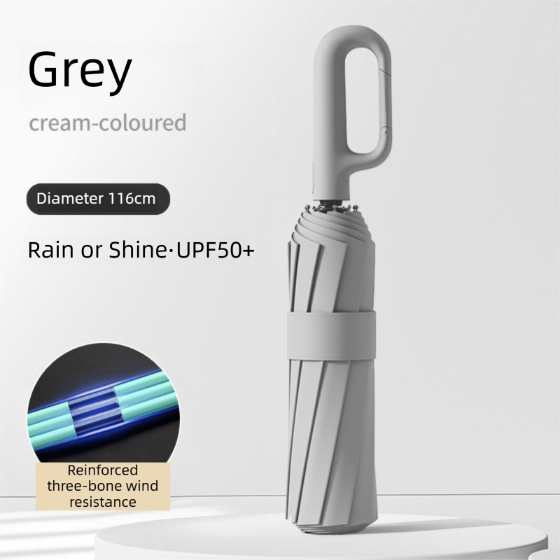 Grey Heavy Duty Fully Automatic Carabiner Umbrella with Integrated Hook Handle (Diameter 116CM) - Ultra Windproof and UV Protective Sun & Rain Umbrella