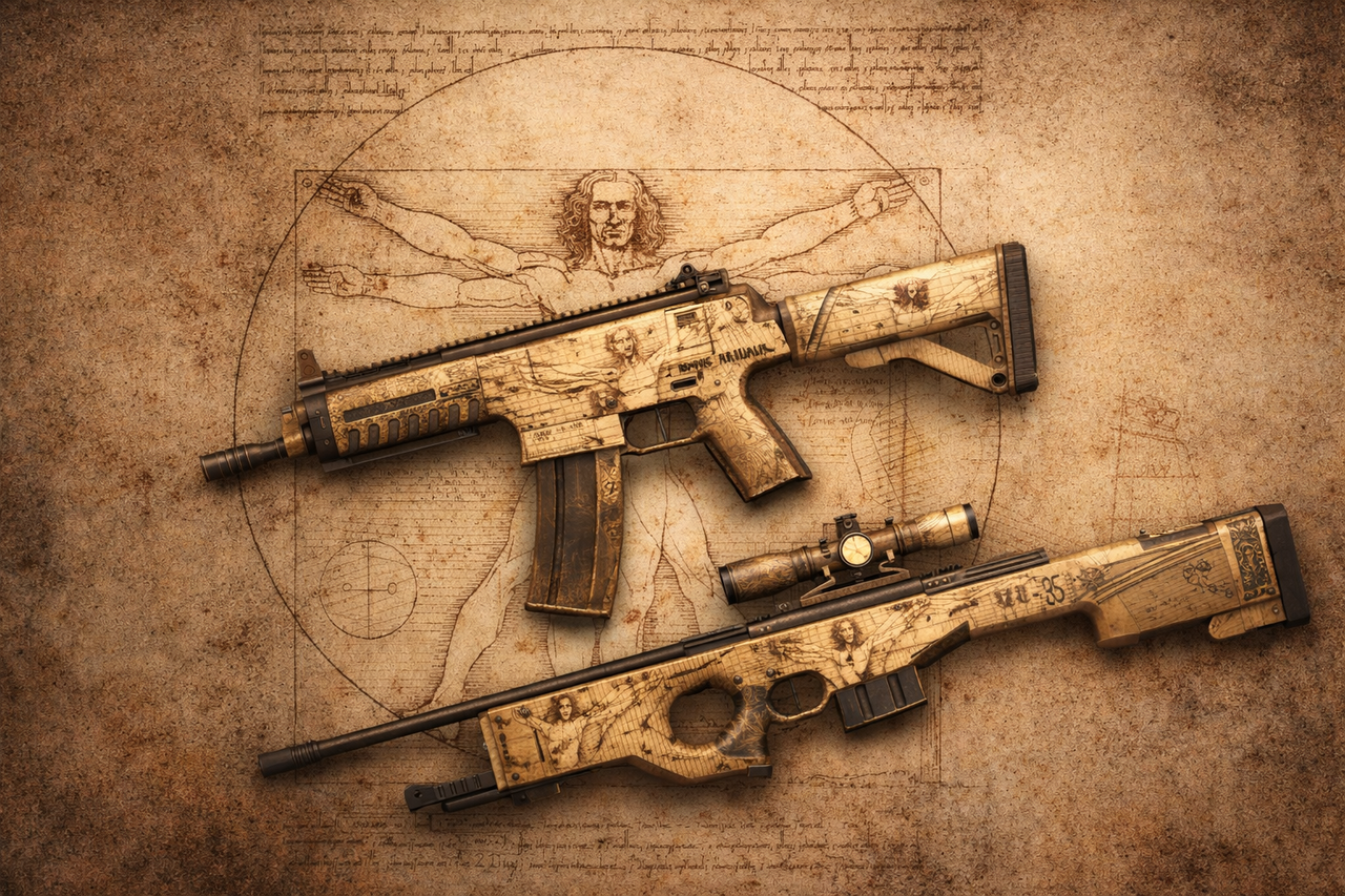 Цифровые скины в эстетике CS2 вдохновлённые Витрувианским человеком Леонардо да Винчи