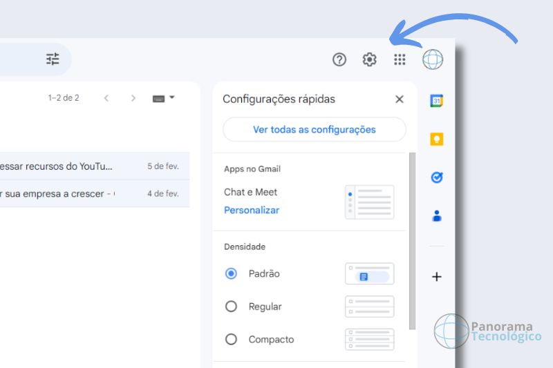 Tela principal do Gmail mostrando o menu de configurações.