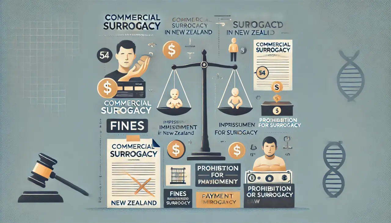 Infographic on legal consequences for violating surrogacy laws in New Zealand, focusing on fines, imprisonment, and prohibition of payments for surrogacy.