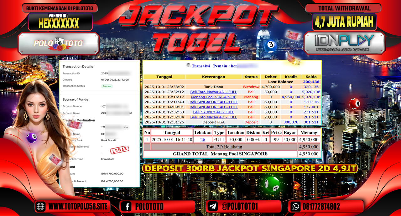 POLOTOTO JACKPOT TOGEL POOL SINGAPORE Rp.4.700.000,- LUNAS
