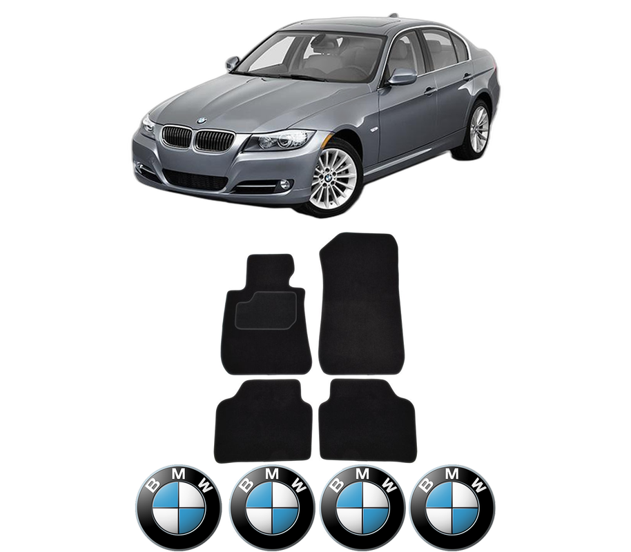 Set Covorase Presuri BMW Seria 3 (E90) din 2004-2011, Auto, Material Textil Mocheta, 4 Stickere auto cu BMW