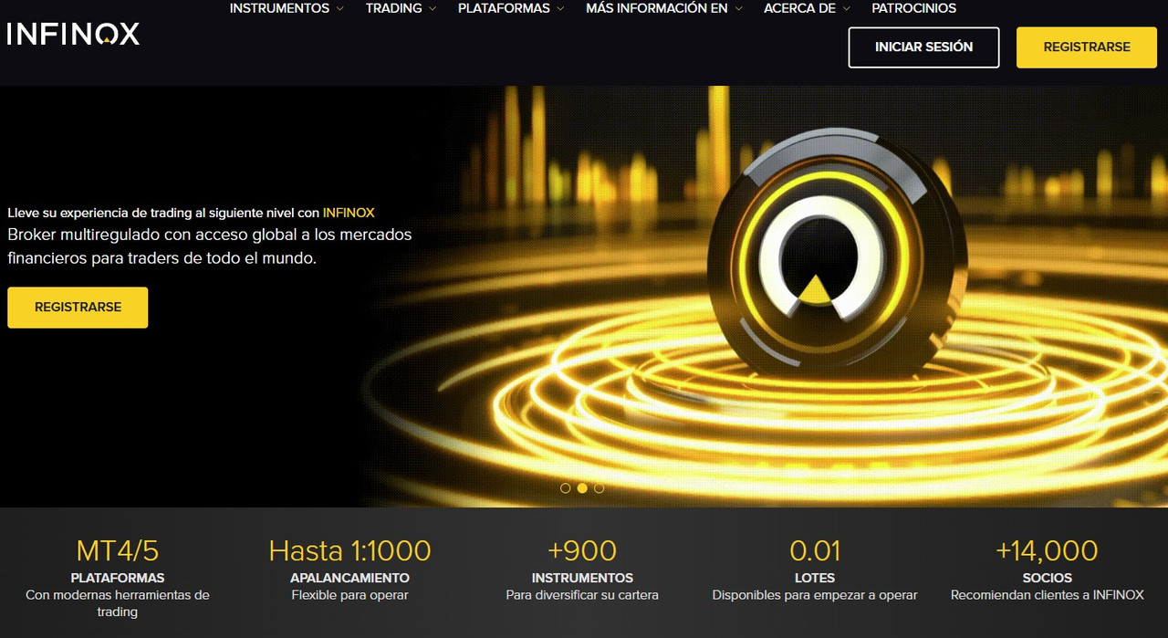 Página principal de Infinox mostrando las plataformas de trading, apalancamiento de hasta 1000 e instrumentos.