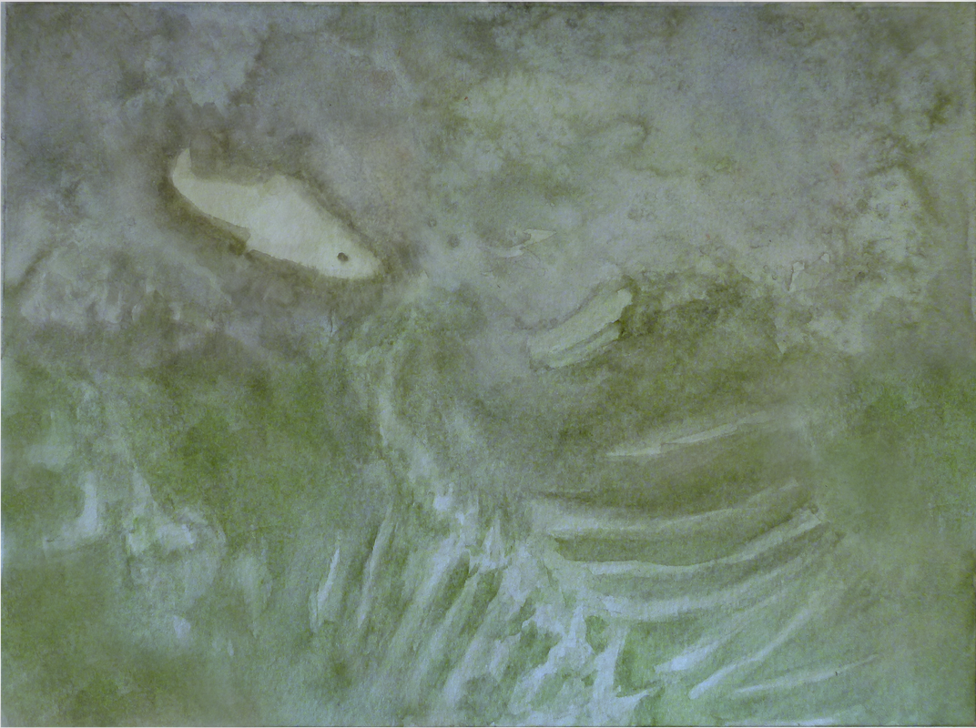 an interpretive watercolour painting, done in shades of pale green, of the ocean floor. A pale white shark circles over a whale skeleton. Other whale carcasses are vaguely visible in the distance 