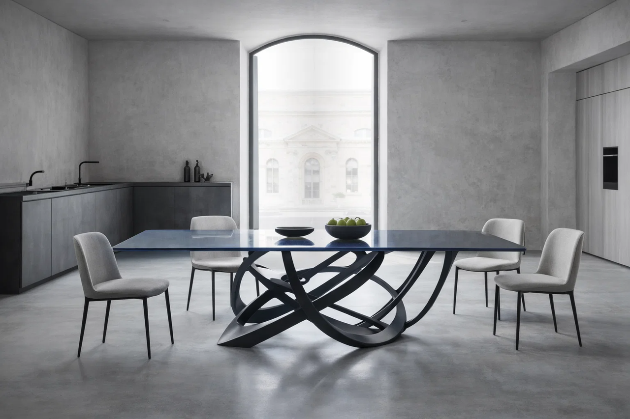 Designer dining area with glass top metal art table.