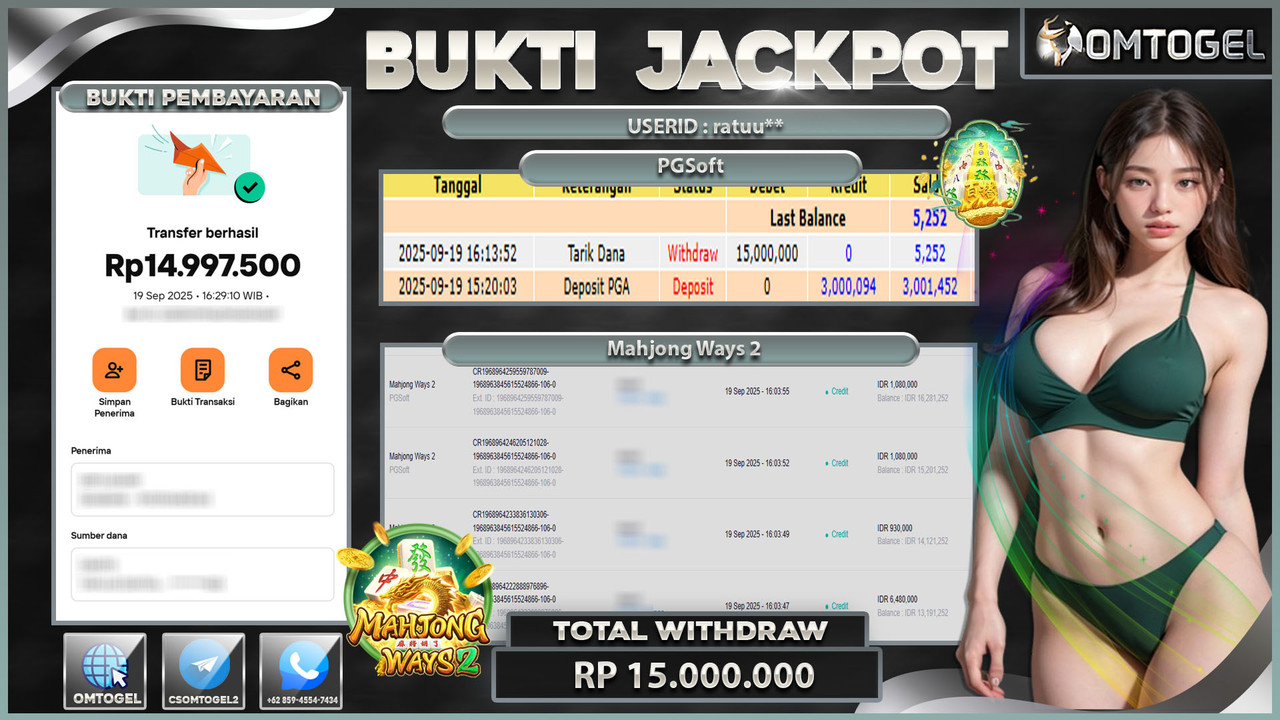 OMTOGEL JACKPOT PGSOFT MAHJONG WAYS 2 15 JUTA DI BAYAR LUNAS ,-