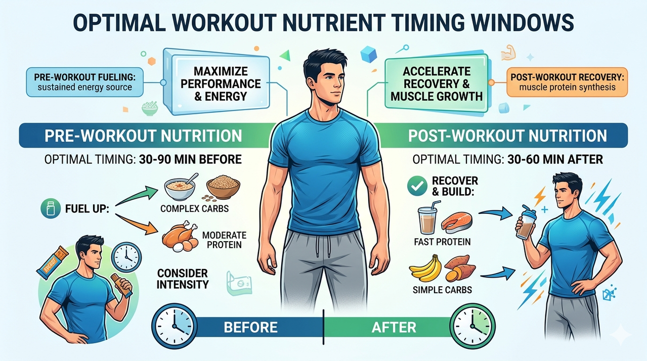 Infographic chart showing pre-workout and post-workout nutrition guidelines with meal timing and macronutrient recommendations, illustrating what to eat before and after workout