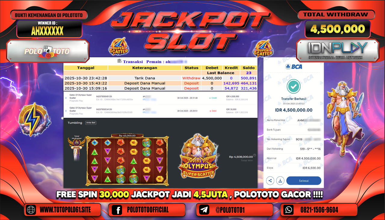 POLOTOTO JACKPOT SLOT GATES OF OLYMPUS SUPER SCATTER Rp.4.500.000,- LUNAS