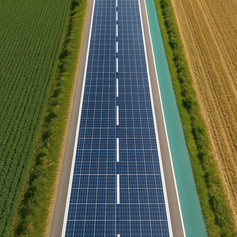 Aerial shot of a real-world solar road installation in France, showing the Wattway project's panels integrated into the road surface.