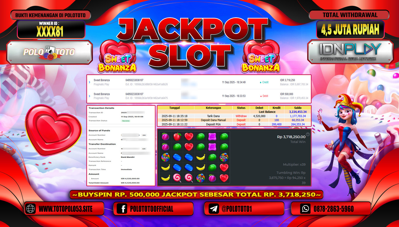POLOTOTO JACKPOT SLOT SWEET BONANZA Rp.4.500.000,- LUNAS